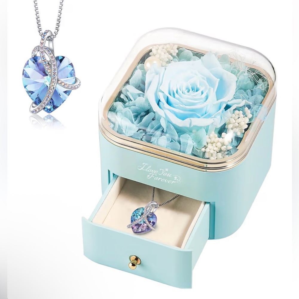 New in Box Light Blue Rose with Heart Necklace/Silver Accents